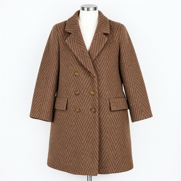 Ilie Wacs Vintage Wool Coat Womens 10 Brown Herringbone Double Breasted Jacket - Picture 1 of 10